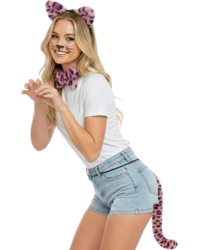 Ensemble déguisement léopard rose luxe (serre-tête, nœud papillon, queue) sur papier cartonné