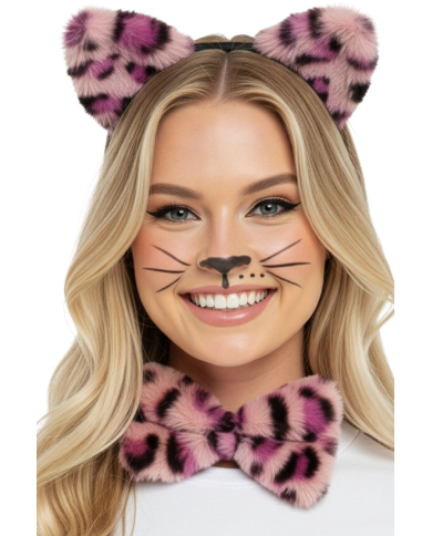 Ensemble déguisement léopard rose luxe (serre-tête, nœud papillon, queue) sur papier cartonné