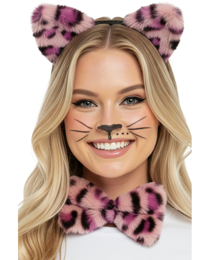 Set leopardo rosa lusso (cerchietto, papillon, coda) su cartoncino