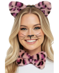 Pink leopard disguise set (headband, bowtie, tail) on card