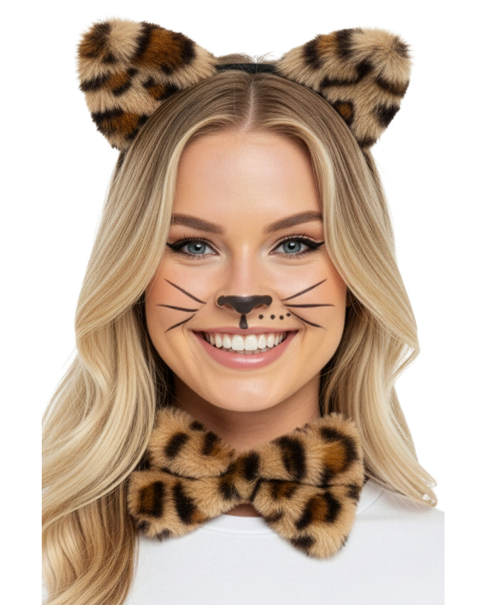 Set leopardo lusso (cerchietto, papillon, coda) su cartoncino