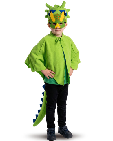 Conjunto dragón verde (capa, capucha, máscara) de suave forro polar en bolsa con gancho