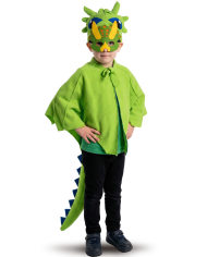 Ensemble déguisement dragon vert (cape, capuche, masque) en polaire douce dans un sachet avec crochet