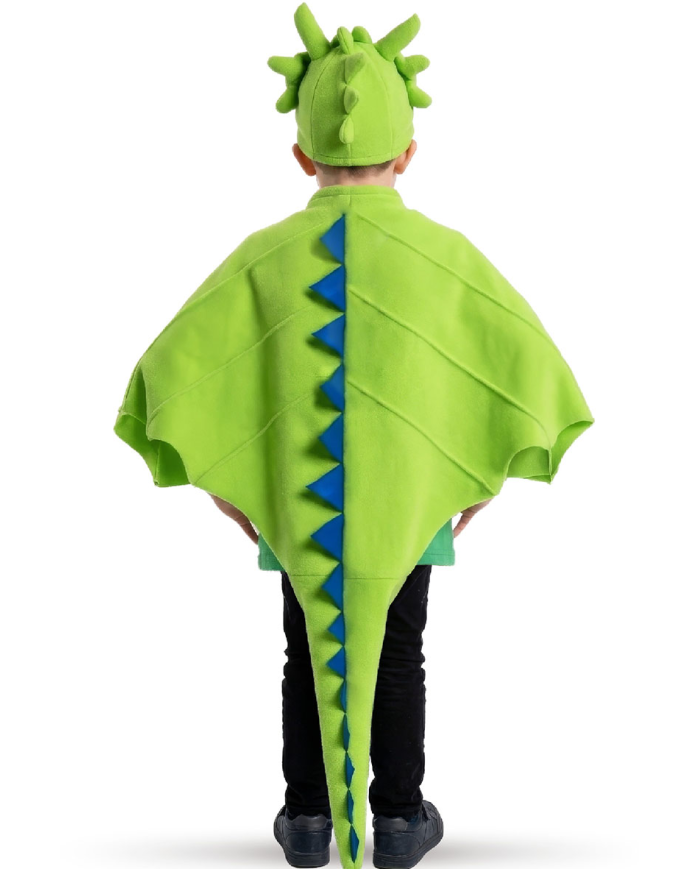 Green soft pile dragon set (cape, hood, mask) in bag with hook