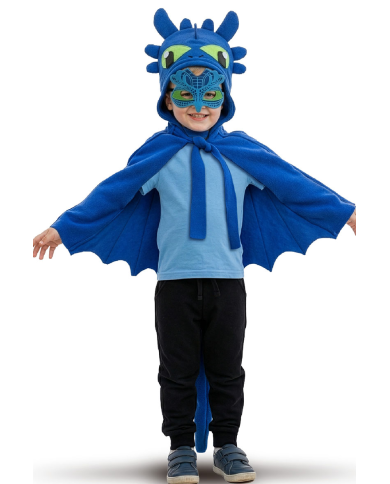 Conjunto dragón azul (capa, capucha, máscara) de suave forro polar en bolsa con gancho