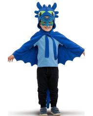 Set drago blu (mantello, cappuccio, maschera) in soffice pile in busta con gangio