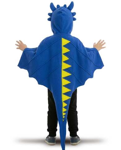 Ensemble déguisement dragon bleu (cape, capuche, masque) en polaire douce dans un sachet avec crochet