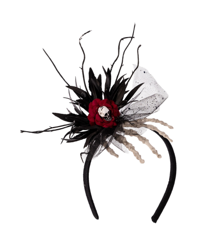 Haarreif mit Skeletthand, Totenkopf und Blumendekorationen mit Pappschild/Etikett