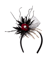 Serre-tête avec main squelette, tête de mort et décorations florales avec étiquette volante/étiquette