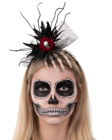 Haarreif mit Skeletthand, Totenkopf und Blumendekorationen mit Pappschild/Etikett
