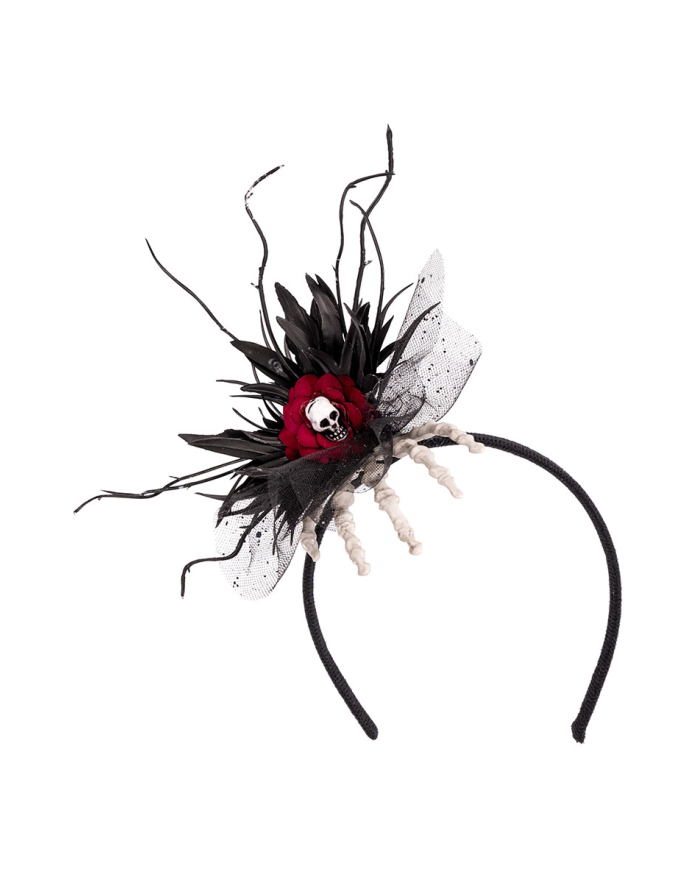 Haarreif mit Skeletthand, Totenkopf und Blumendekorationen mit Pappschild/Etikett