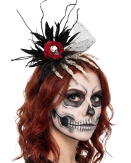 Diadema con mano de esqueleto, calavera y adornos florales con etiqueta colgante/etiqueta