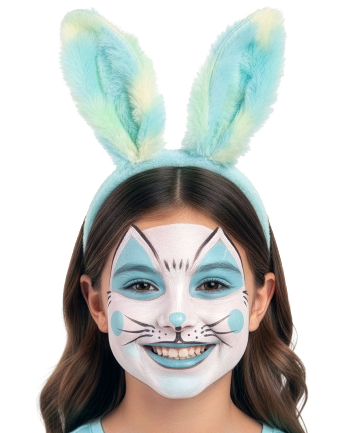 Light-blue rabbit headband in soft plush on card