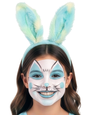 Serre-tête lapin bleu multi-couleurs en peluche douce sur papier cartonné