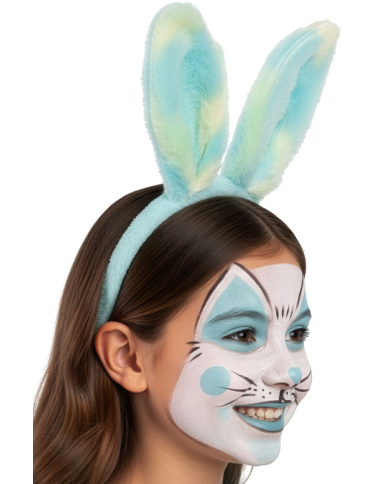 Serre-tête lapin bleu multi-couleurs en peluche douce sur papier cartonné