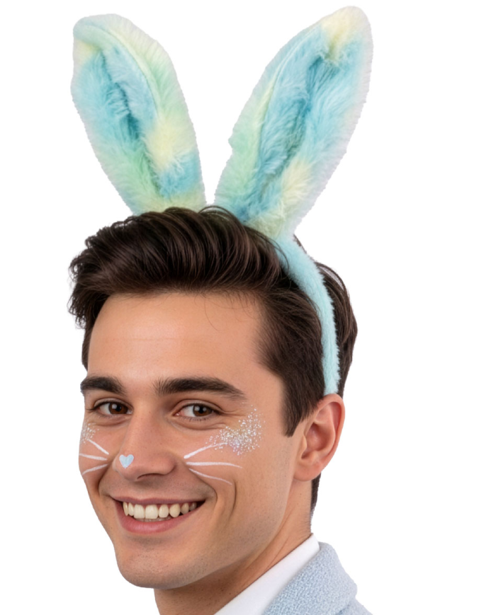 Haarreif Häschen himmelblau bunt aus weichem Plüsch auf Pappkarton