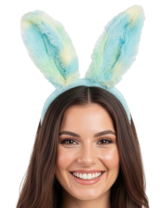 Diadema de conejo azul multicolor de felpa suave sobre cartoncillo