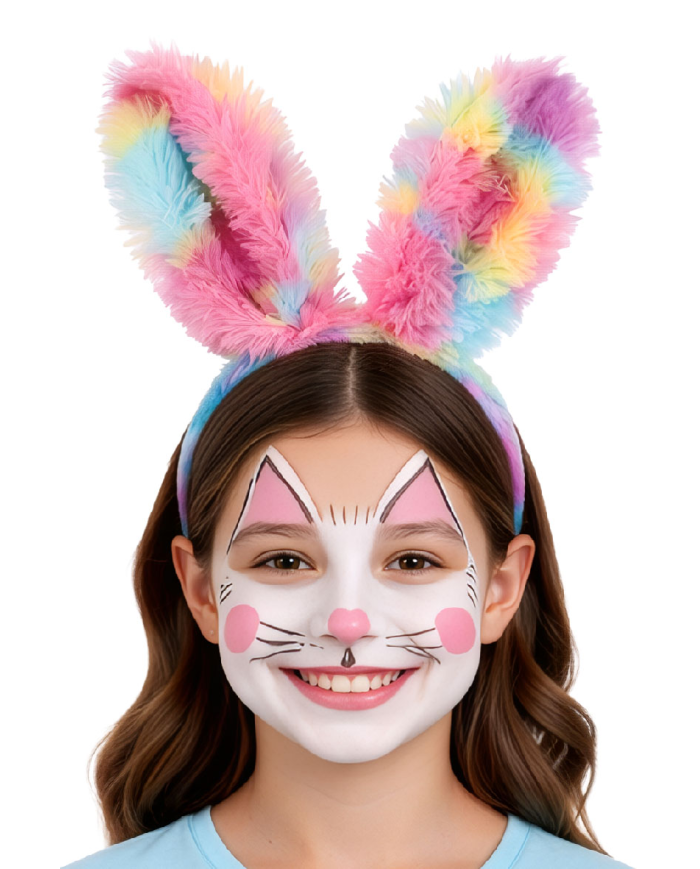 Serre-tête lapin rose multi-couleurs en peluche douce sur papier cartonné