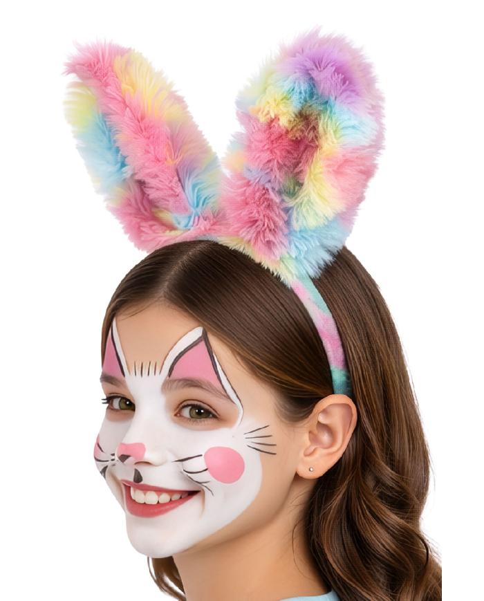 Serre-tête lapin rose multi-couleurs en peluche douce sur papier cartonné