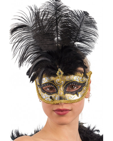 Chinless mask in plastic with black and gold glitter, feathers Chinless mask in plastic with black and gold glitter, feathers