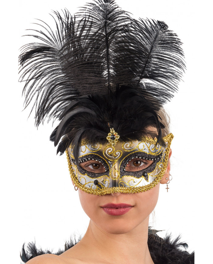 Chinless mask in plastic with black and gold glitter, feathers