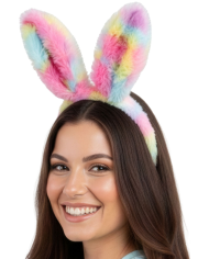 Serre-tête lapin rose multi-couleurs en peluche douce sur papier cartonné