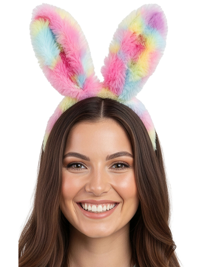 Pink rabbit headband in soft plush on card