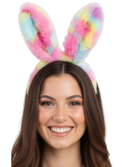 Serre-tête lapin rose multi-couleurs en peluche douce sur papier cartonné