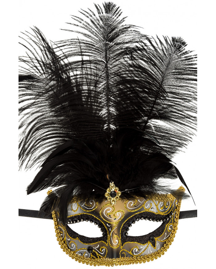 Chinless mask in plastic with black and gold glitter, feathers