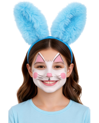 Cerchietto coniglio azzurro in peluche soffice su cartoncino