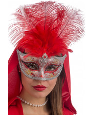 Chinless mask in plastic with red and silver glitter, feathers