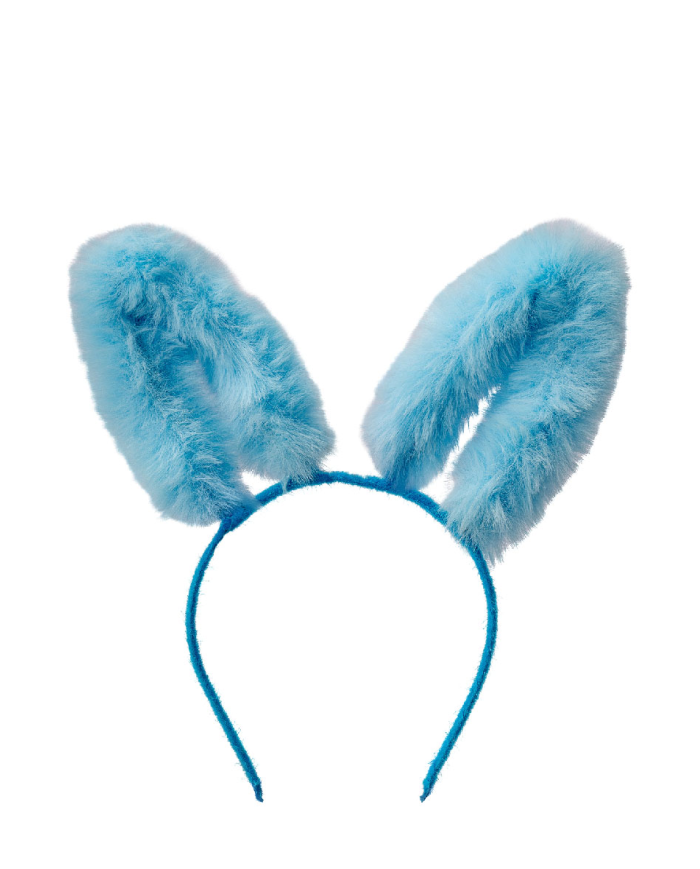 Cerchietto coniglio azzurro in peluche soffice su cartoncino