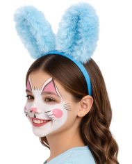 Cerchietto coniglio azzurro in peluche soffice su cartoncino