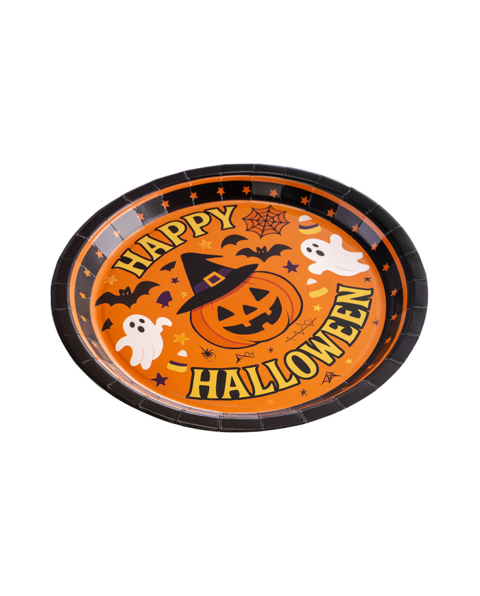 6 platos de papel Happy Halloween de unos 23 cm. de diámetro en bolsa