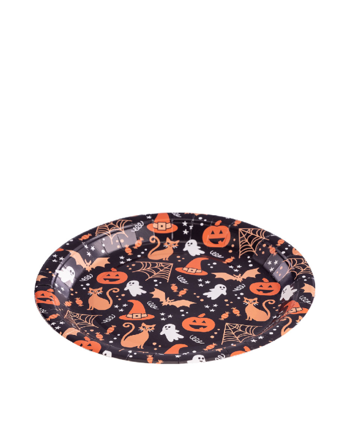 6 assiettes en papier Halloween fond noir diamètre 23 cm environ dans un sachet