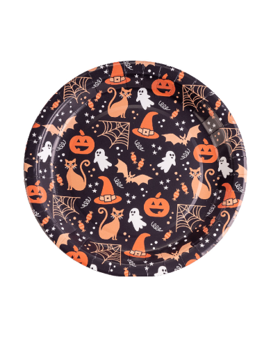 6 assiettes en papier Halloween fond noir diamètre 23 cm environ dans un sachet