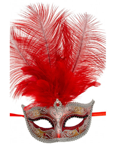 Chinless mask in plastic with red and silver glitter, feathers Chinless mask in plastic with red and silver glitter, feathers