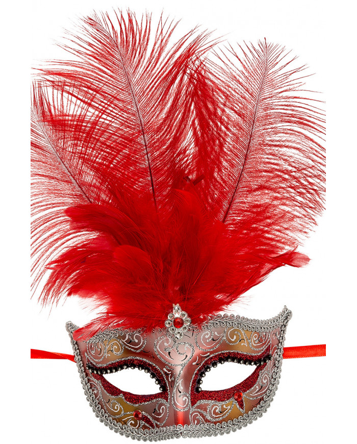 Chinless mask in plastic with red and silver glitter, feathers