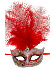 Chinless mask in plastic with red and silver glitter, feathers