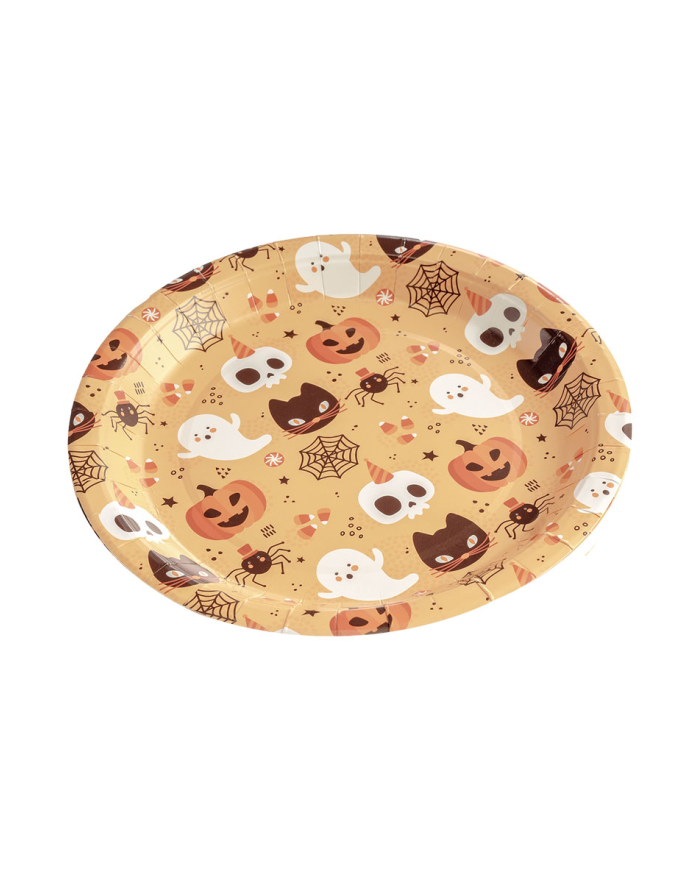 6 platos de papel Happy Halloween fondo naranja de unos 23 cm. de diámetro en bolsa