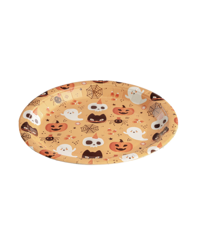 6 assiettes en papier Happy Halloween fond orange diamètre 23 cm environ dans un sachet