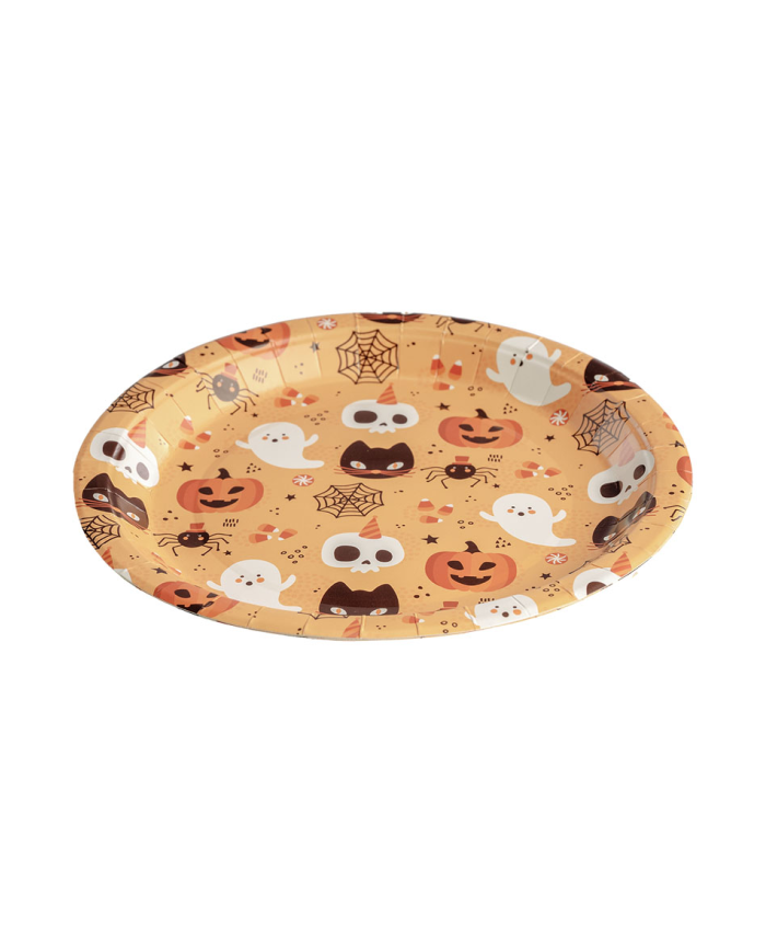 6 platos de papel Happy Halloween fondo naranja de unos 23 cm. de diámetro en bolsa