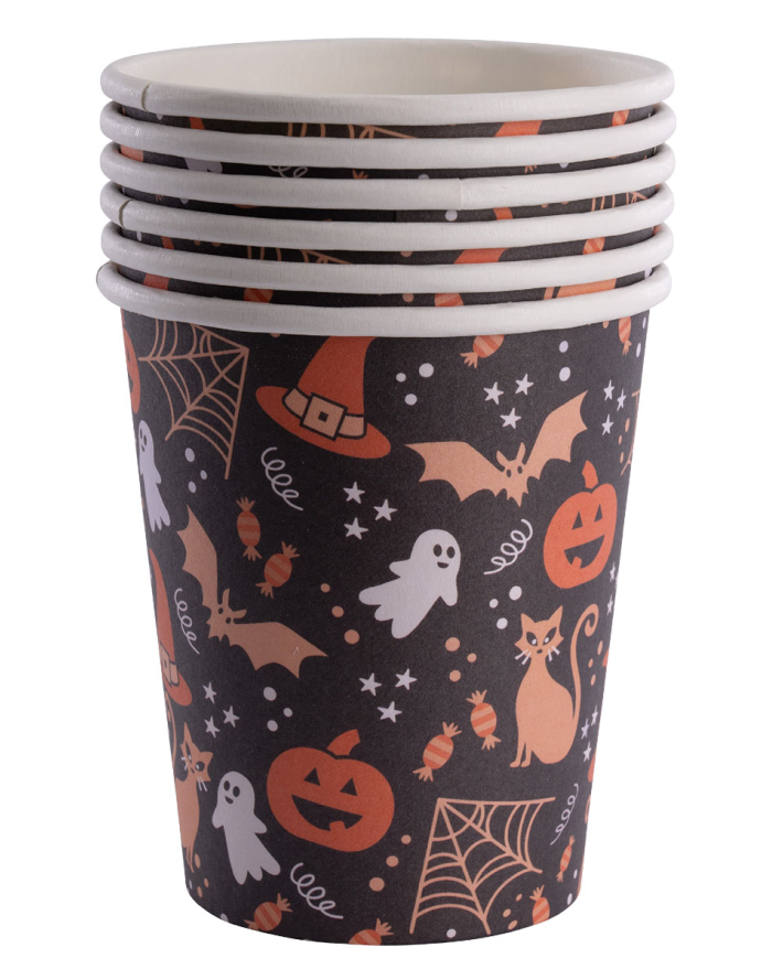 6 black Halloween paper glasses in bag