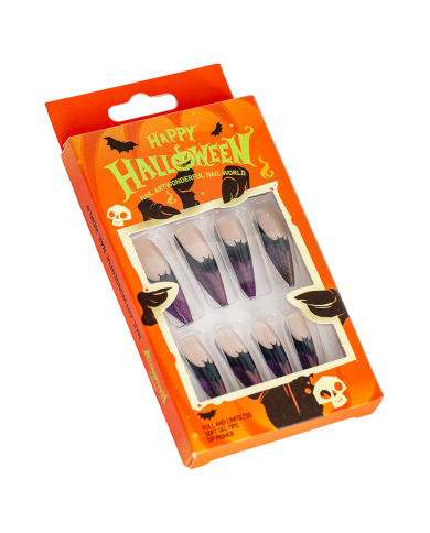 Faux ongles autocollants Halloween pointe violette dans une boîte