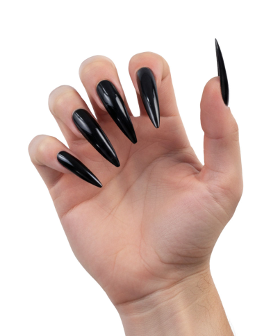 Long black adhesive witch nails in blister