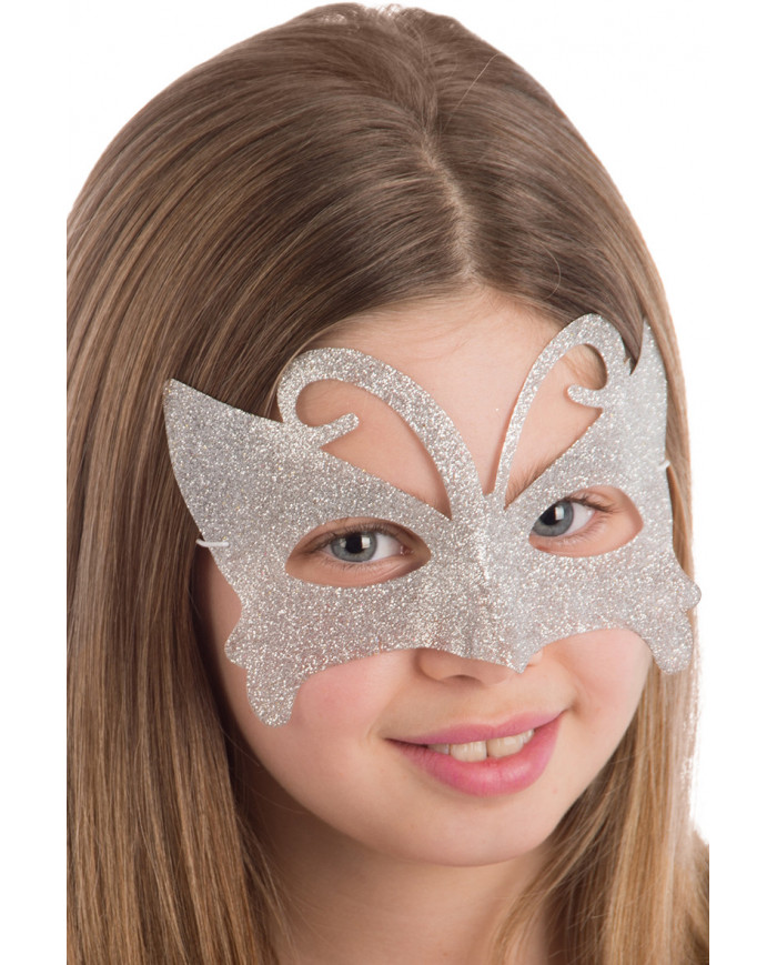 Chinless mask in plastic covered with silver glitter, a