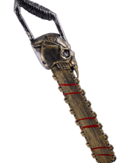 Motosierra dorada con calavera de plástico de unos 60 cm. de largo con etiqueta colgante/etiqueta
