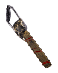 Goldfarbene Kettensäge mit Totenkopf aus Kunststoff L. ca. 60 cm mit Pappschild/Etikett