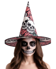 Witch fabric hat with skulls h. 45 cm with hangtag/label