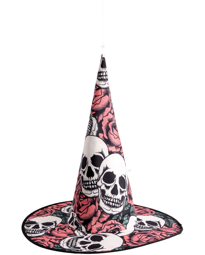 Sombrero de bruja con calaveras de unos 45 cm. de alto de tela con etiqueta colgante/etiqueta